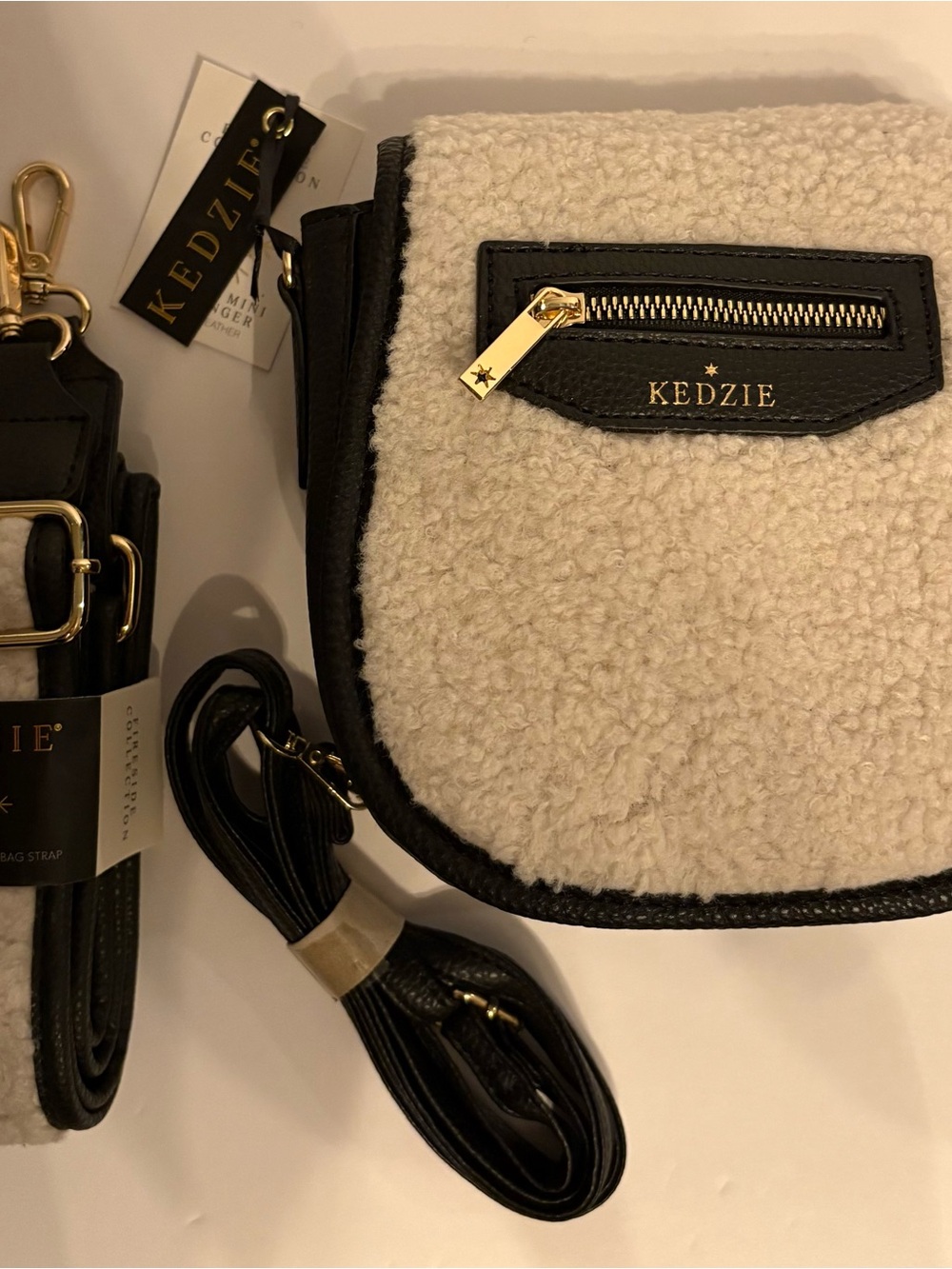 Kedzie Cream Sherpa Crossbody with Black Trim